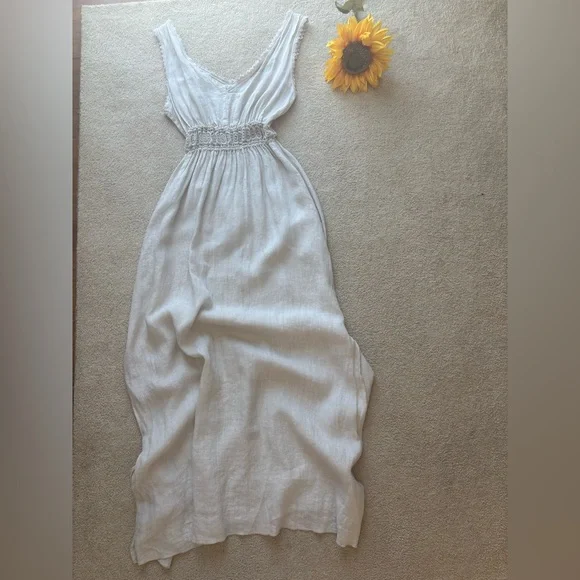 Terzo Millennio Linen Maxi Dress Lace Waist Made in Italy Size L - Picture 5 of 10